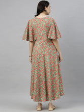 Women Green Pink Floral Printed Flared Sleeves Kurta